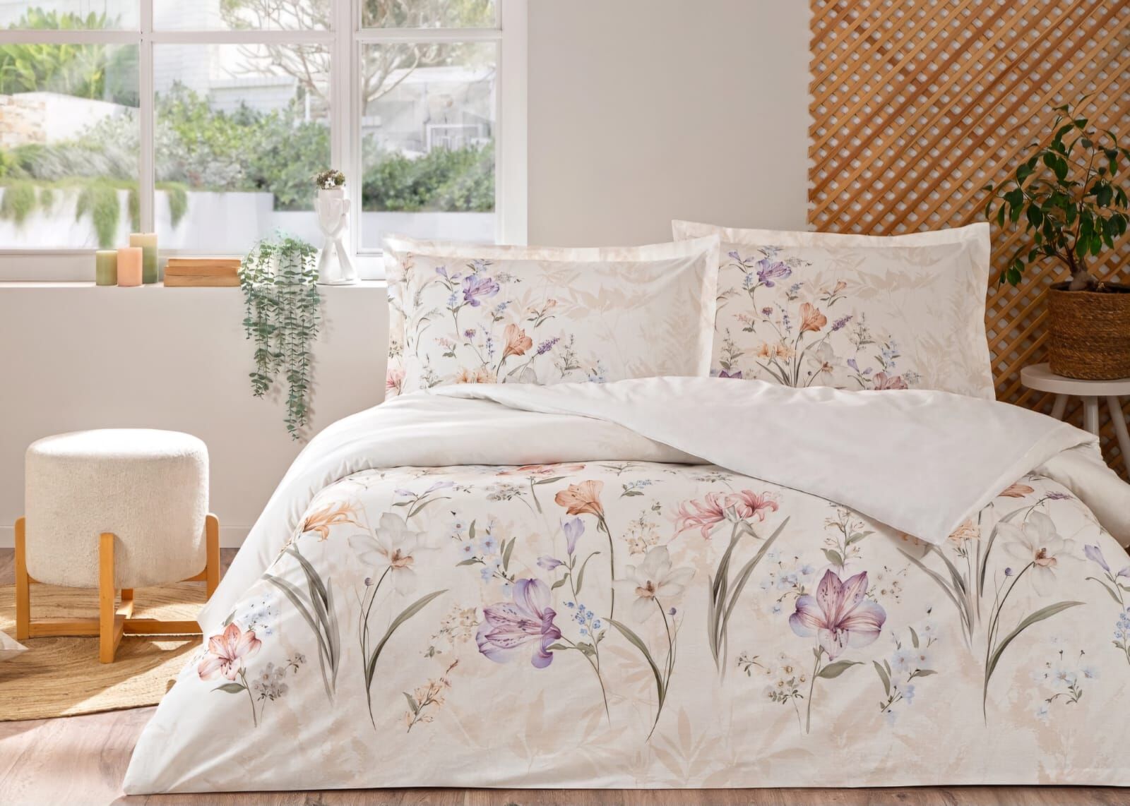 ÖZDİLEK ÇİFT KİŞİLİK NEVRESİM TAKIMI WHITE LILY LİLA