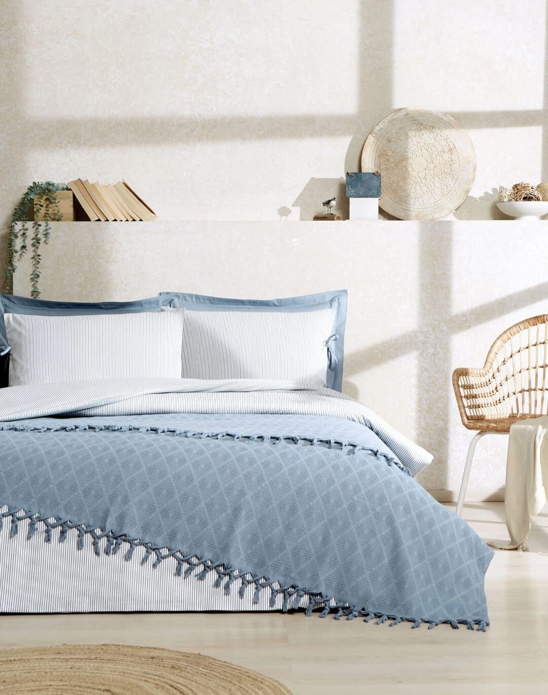 Özdilek Pikeli Ranforce Nevresim Takımı Çift Kişilik Natural Mavi