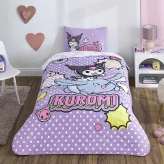 Taç Lisanslı Kuromi Smile Tek Kişilik Yatak Örtüsü Seti