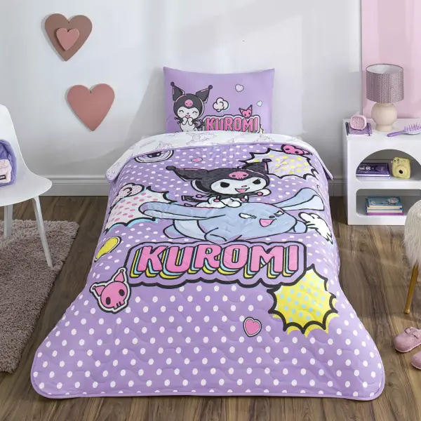 Taç Lisanslı Kuromi Smile Tek Kişilik Yatak Örtüsü Seti