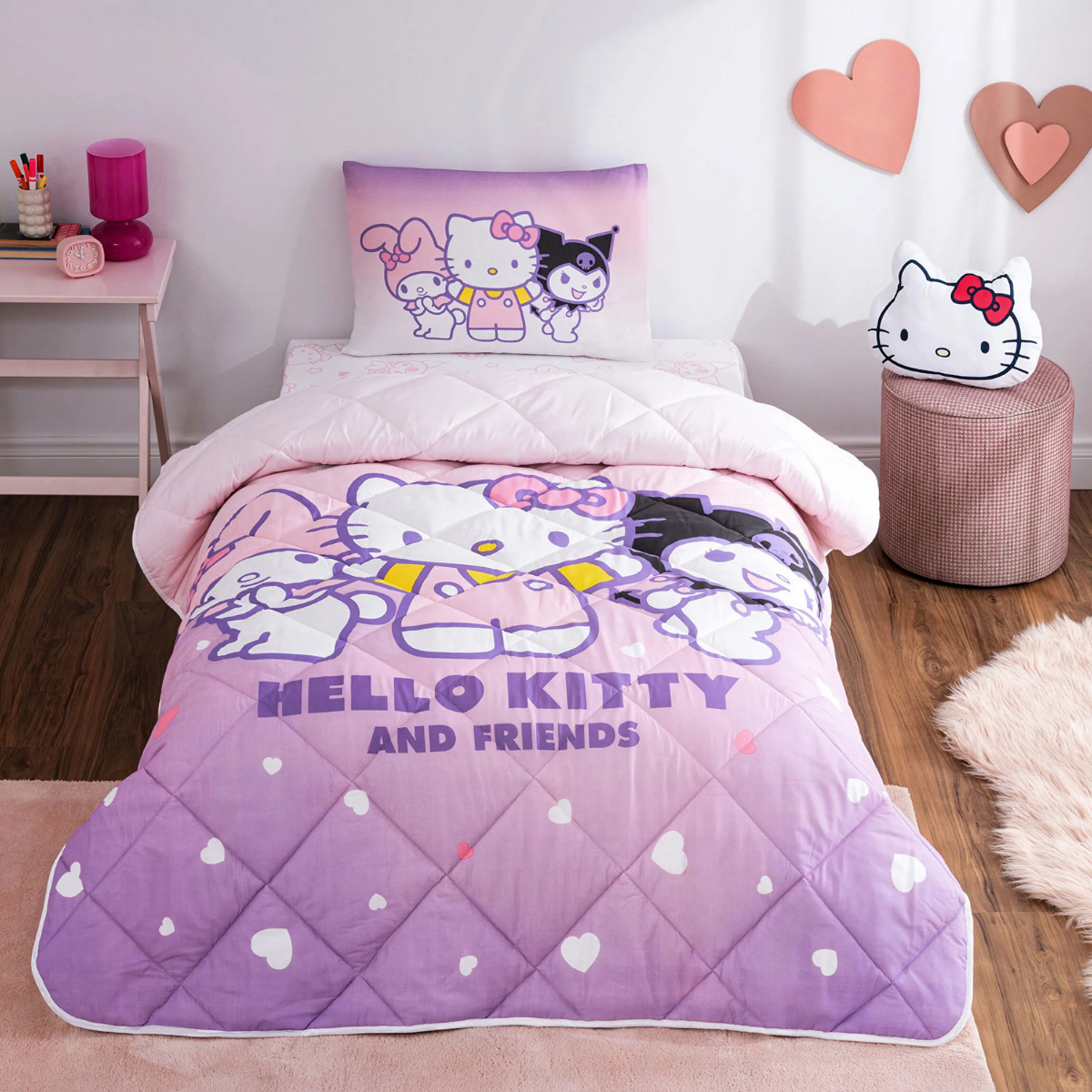 Taç Lisanslı Hello Kitty Friends Pamuk Tek Kişilik Yorgan Seti