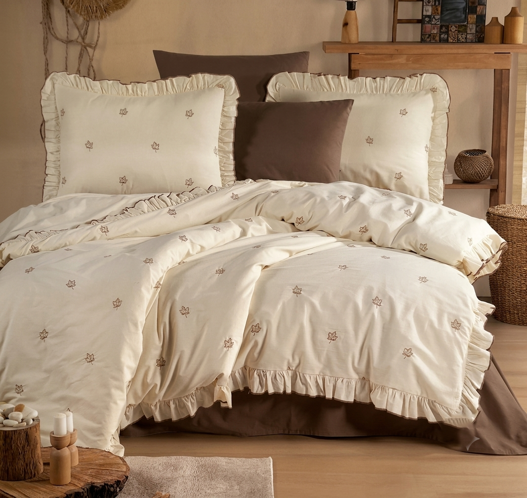Clasy Ranforce Çift Kişilik Nakışlı Fırfırlı Nevresim Takımı Madera Kahve