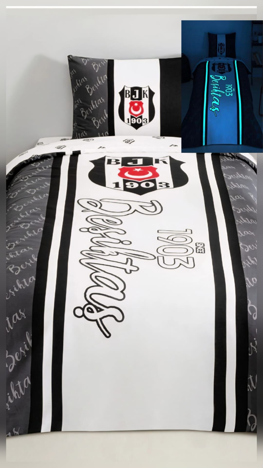 Taç Lisanslı Beşiktaş 1903 Glow Gece Işıltısı Tek Kişilik Nevresim Takımı