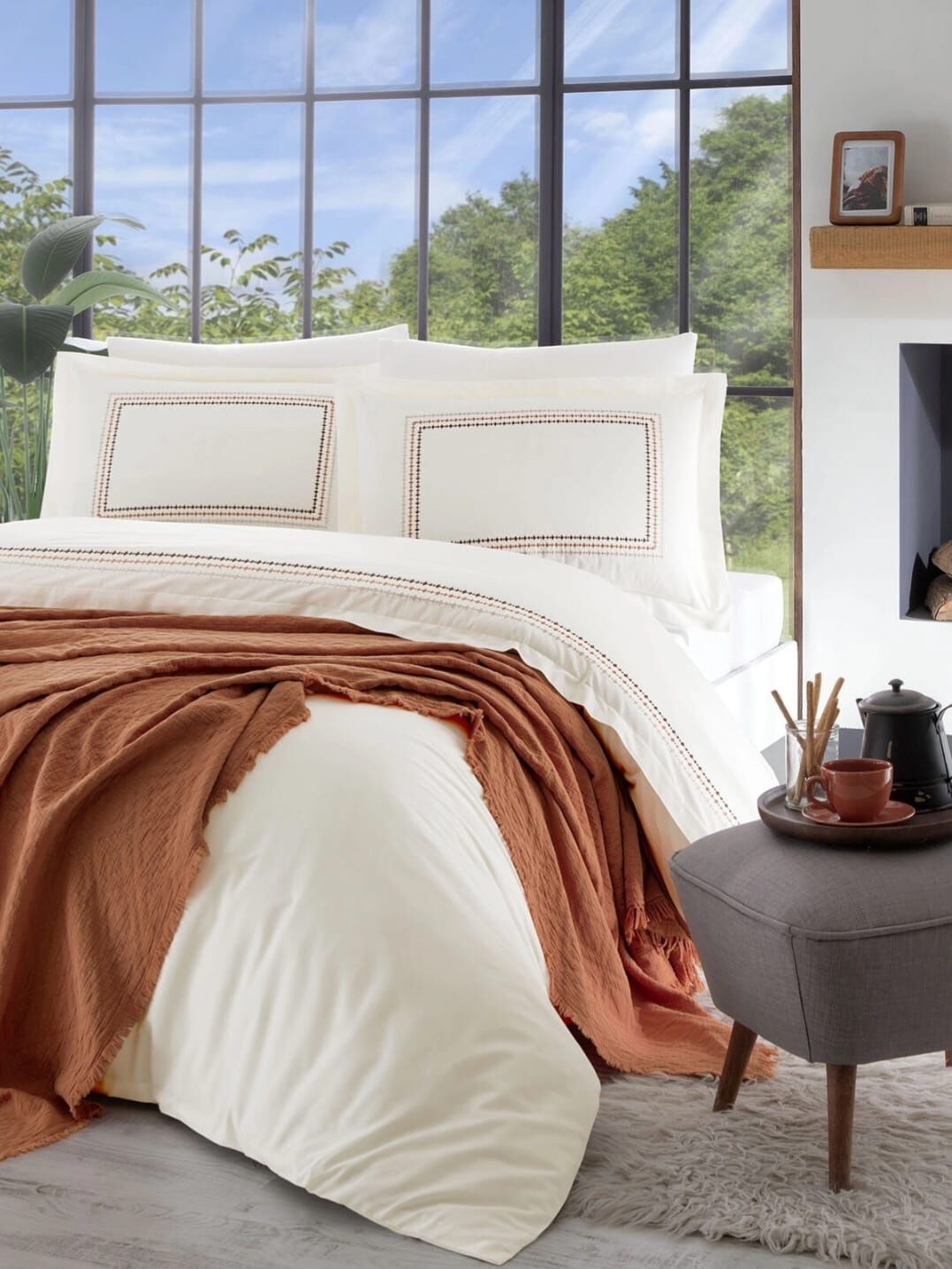 Özdilek Pikeli Gelin Seti 7 Parça Native Terrecota-Turuncu/Kiremit