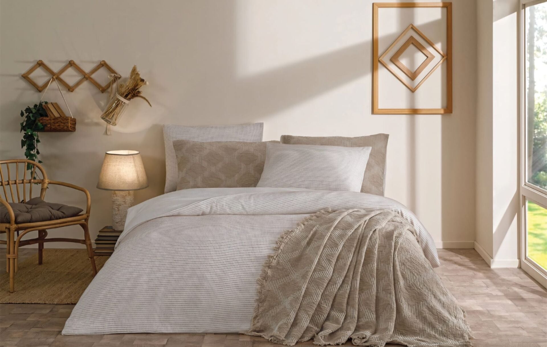 Özdilek Gelin Seti Bohem Effect Bej Yatak Örtülü Nevresim Takımı