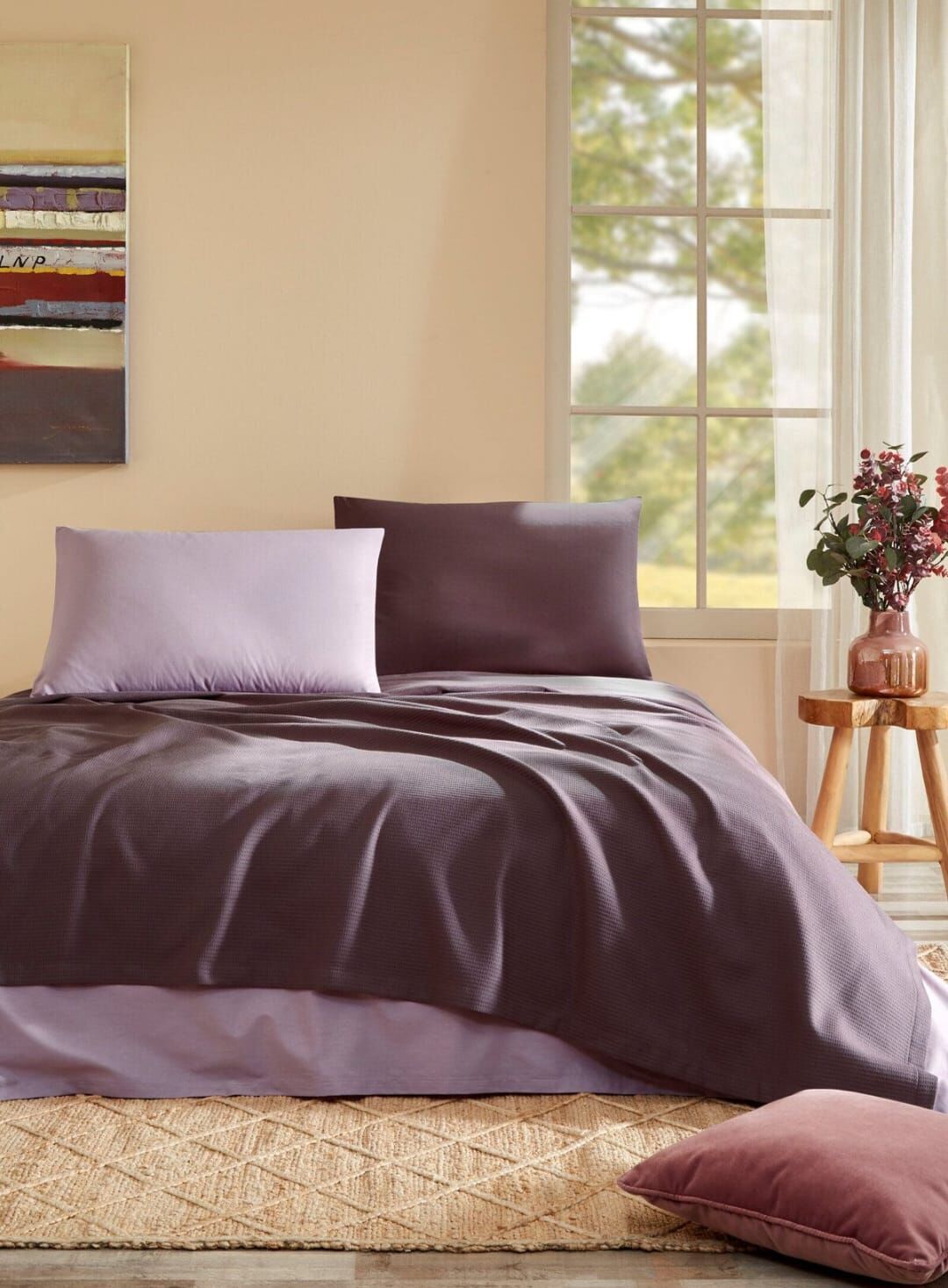 Özdilek Ranforce Çift Kişilik Pike Takımı Vizon-Mürdüm