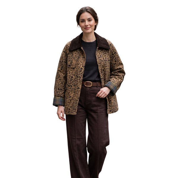 Leopar Desenli Oversize Ekose Manşetli Astarlı Ceket