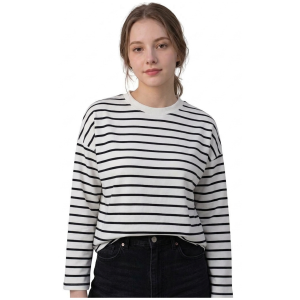 Siyah Çizgili Bisiklet Yaka Uzun Kollu Sweatshirt