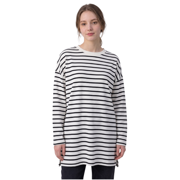 Siyah Çizgili Bisiklet Yaka Uzun Kollu Tunik Sweatshirt