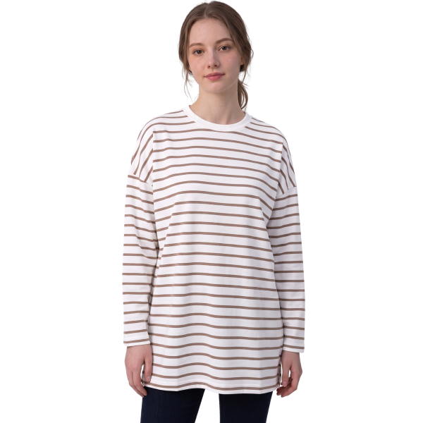 Kahverengi Çizgili Bisiklet Yaka Uzun Kollu Tunik Sweatshirt