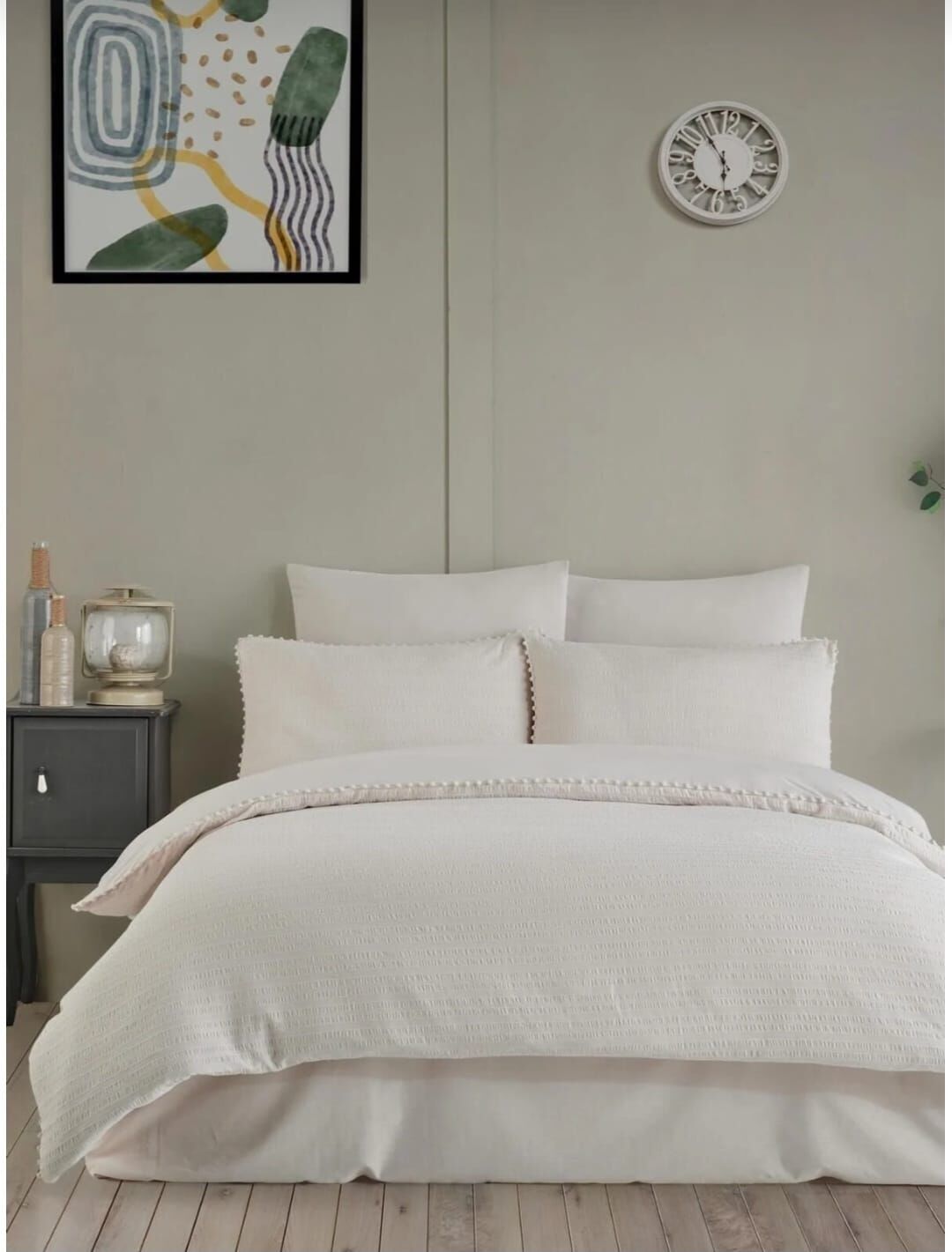 Altınbaşak Gofreli Fitilli Saten Çift Kişilik Nevresim Takımı Emboss Ivory