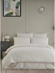 Altınbaşak Gofreli Fitilli Saten Çift Kişilik Nevresim Takımı Emboss Ivory