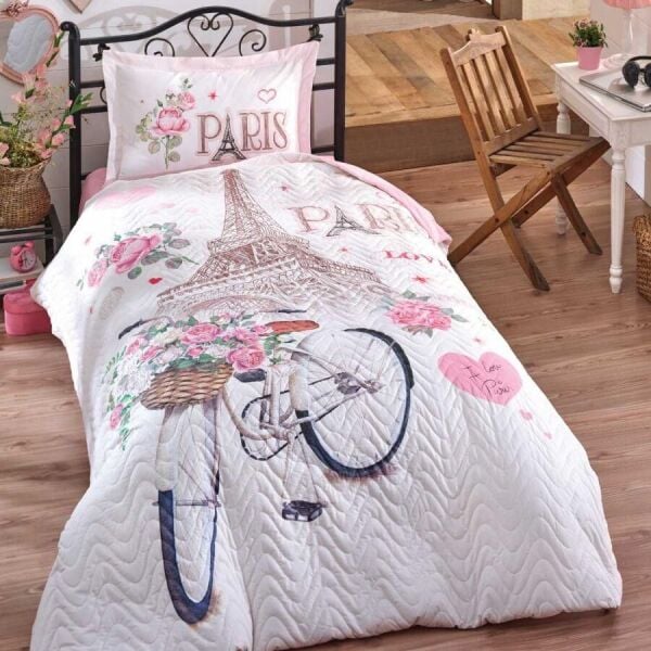 Clasy Ranforce Tek Kişilik Dört Mevsim Set Paris Love V1 Pembe