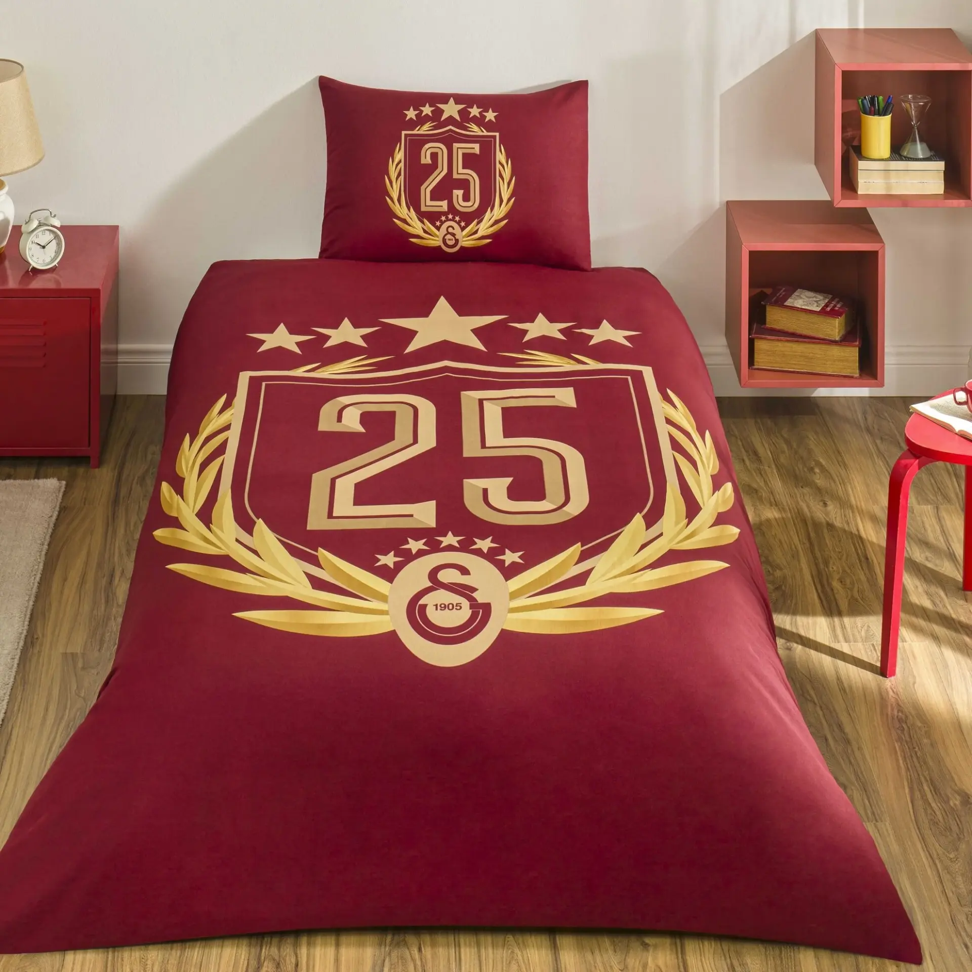 Taç Orijinal Lisanslı Galatasaray 25. Şampiyonluk Özel Desen Ranforce Nevresim Takımı Tek Kişilik Lastikli