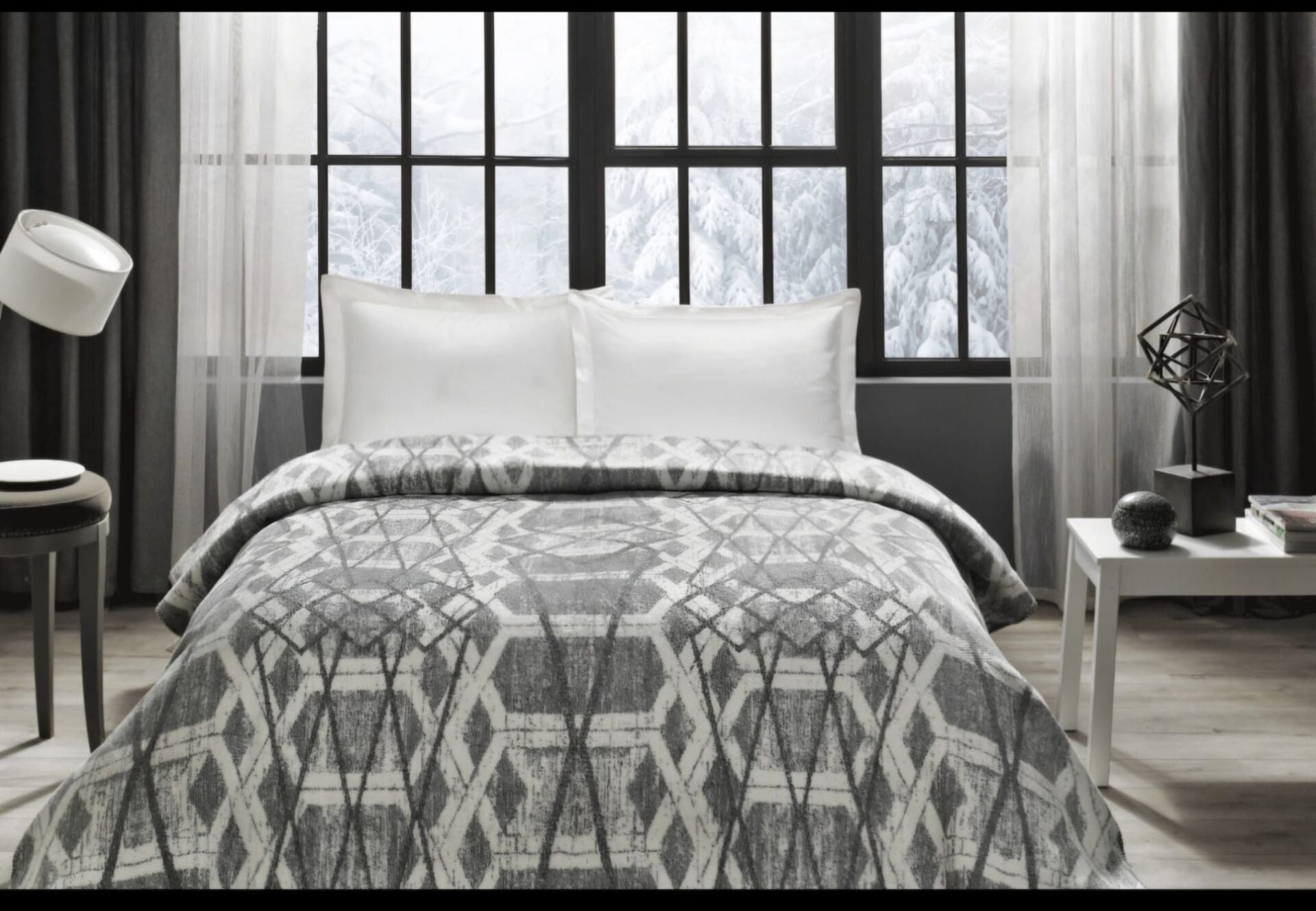 Taç Çift Kişilik Pamuklu Battaniye Elina Gri