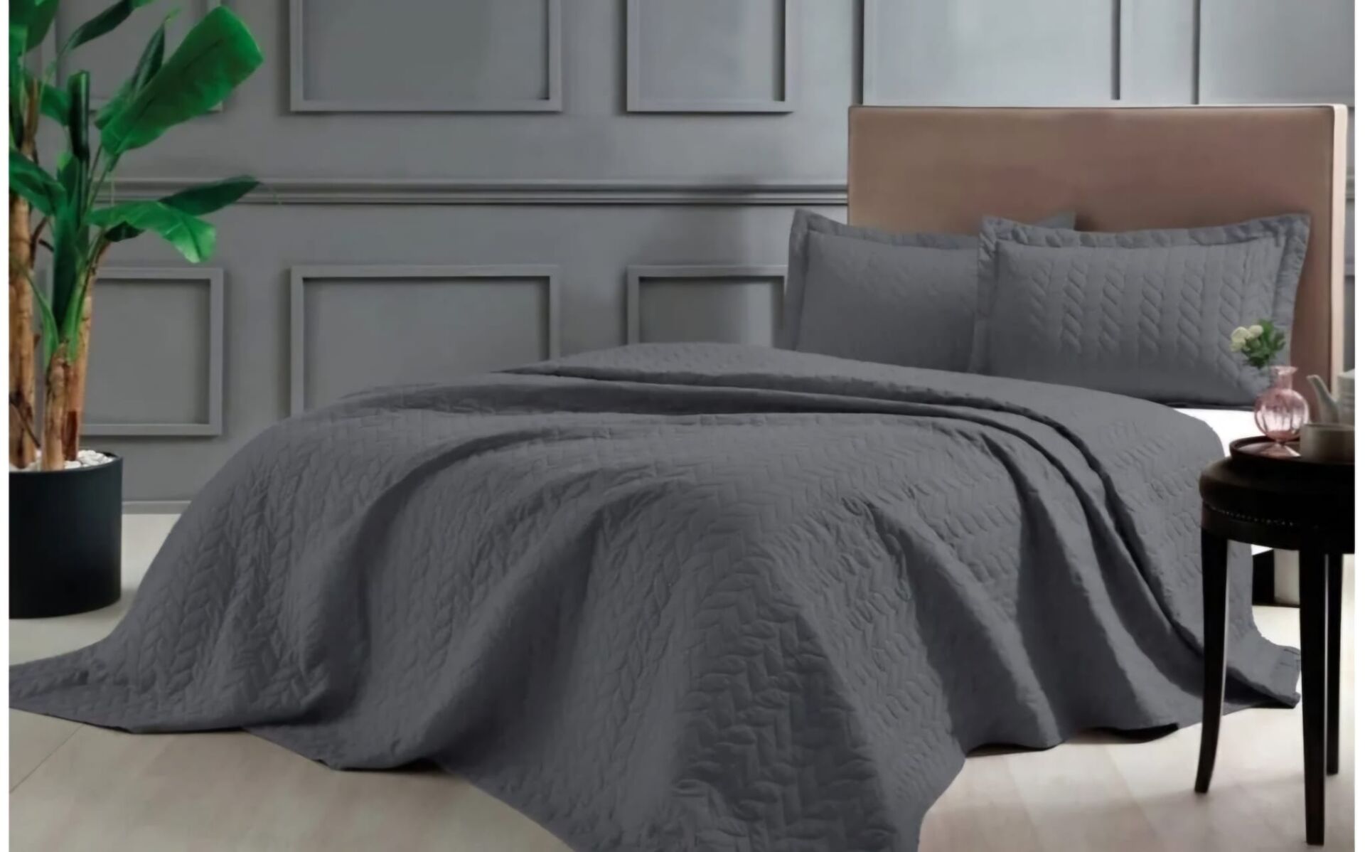 Taç Glory Çift Kişilik Çantalı Yatak Örtüsü Antrasit Rengi