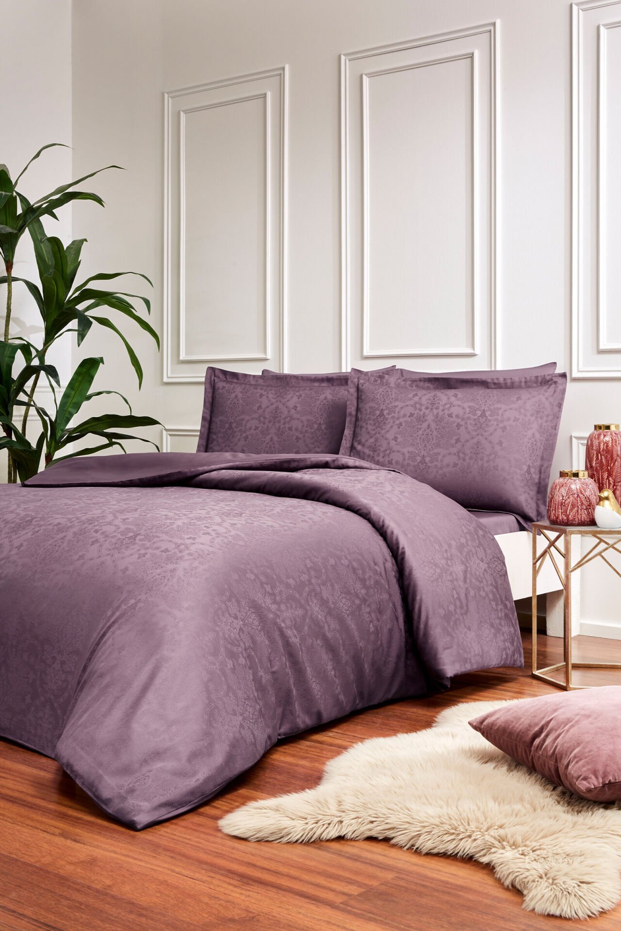 Özdilek Ornament Çift Kişilik Jakarlı Saten Nevresim Takımı Kül Moru