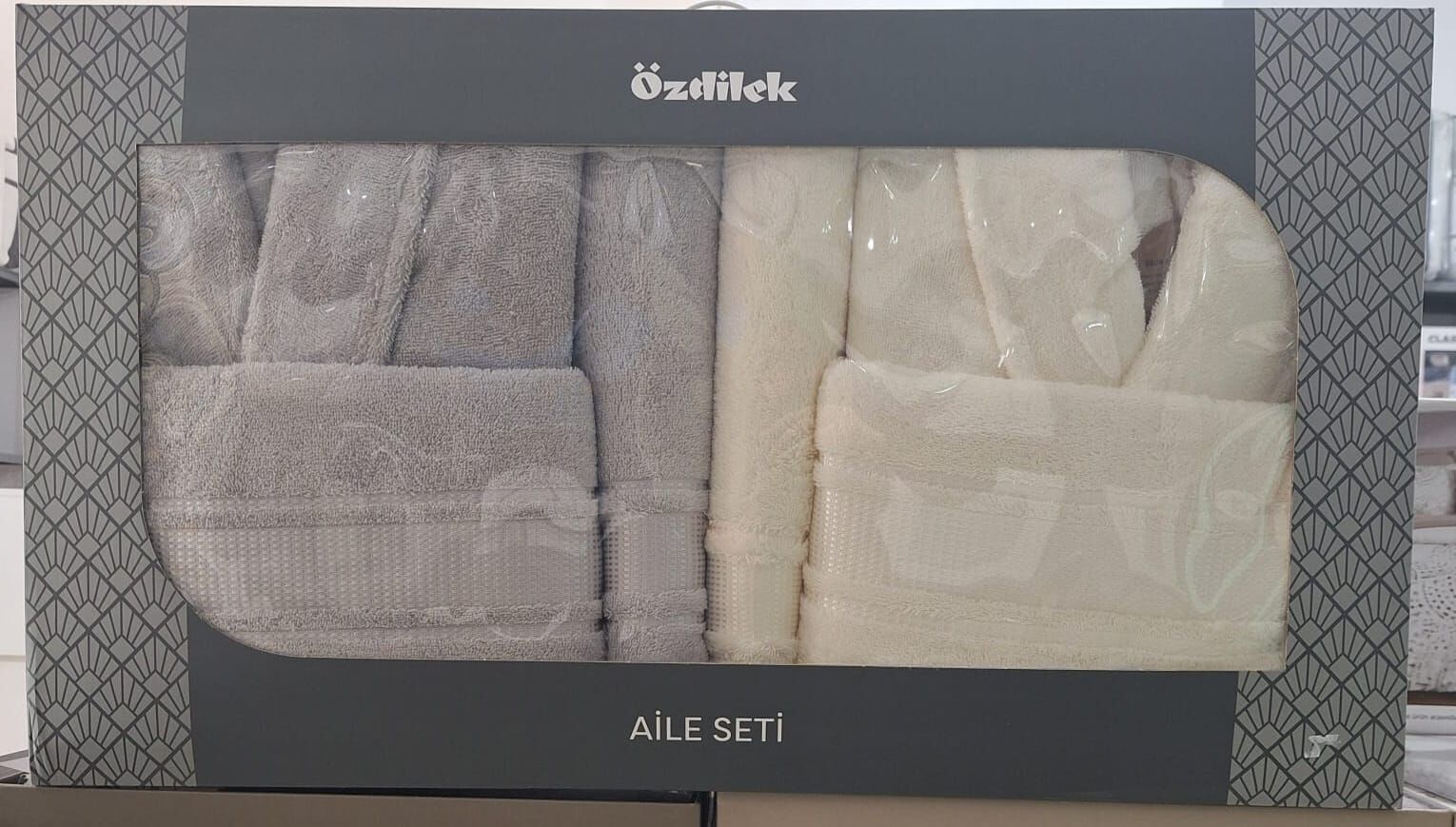 Özdilek Colourist Gri-Krem Aile Seti / Bornoz Takımı %100 Pamuk Beden L-XL