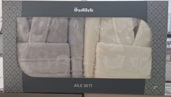 Özdilek Colourist Gri-Krem Aile Seti / Bornoz Takımı L-XL