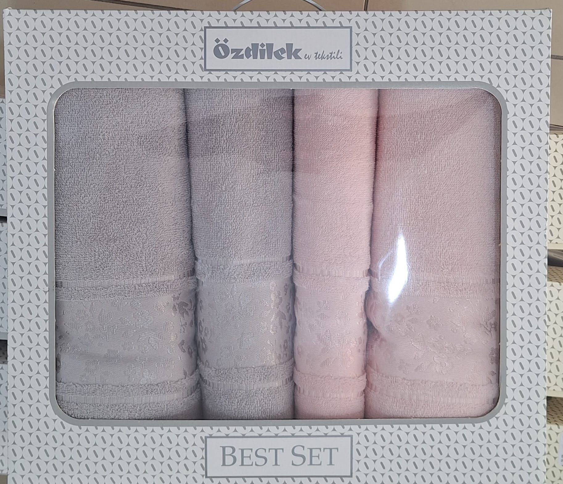 Gri-Pembe Camellıa Best Hamam Seti 2 Havlu + 2 Plaj Havlusu