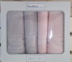 Gri-Pembe Camellıa Best Hamam Seti 2 Havlu + 2 Plaj Havlusu