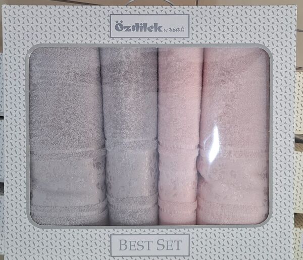 Gri-Pembe Camellıa Best Hamam Seti 2 Havlu + 2 Plaj Havlusu