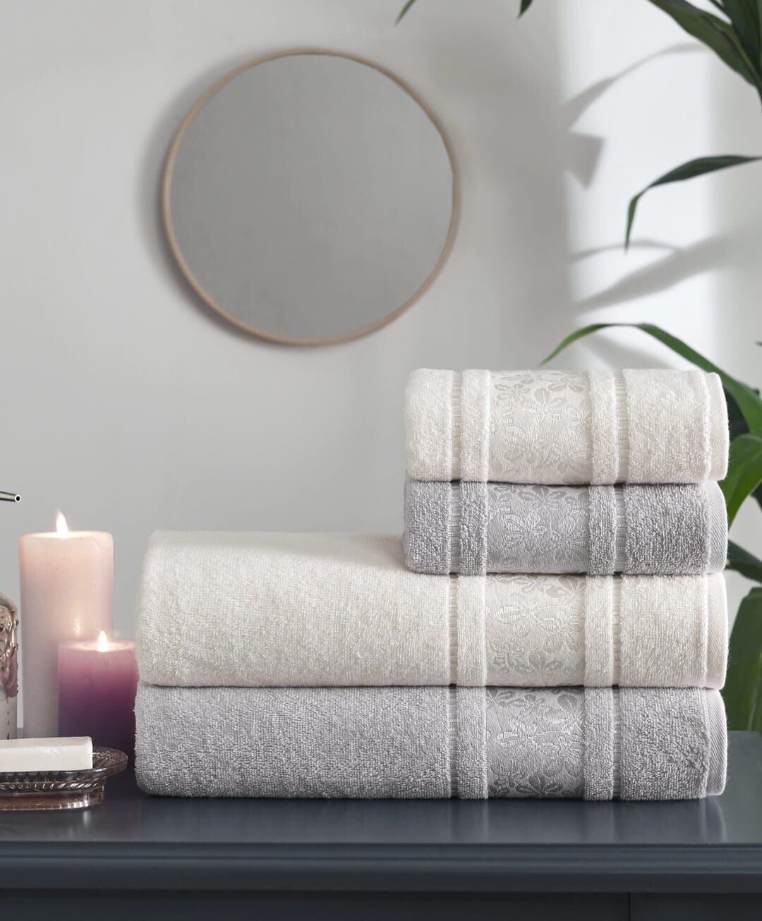 Özdilek Gri-Krem Camellıa Best Set Hamam Seti 2 Havlu+2 Plaj Havlusu