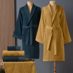 Altınbaşak Lisse Bambu Aile Bornoz Seti Hardal/Lacivert