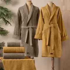 Altınbaşak Verto %100 Pamuk Aile Bornoz Seti Hardal/Bej (6 Parça) Amber/Core