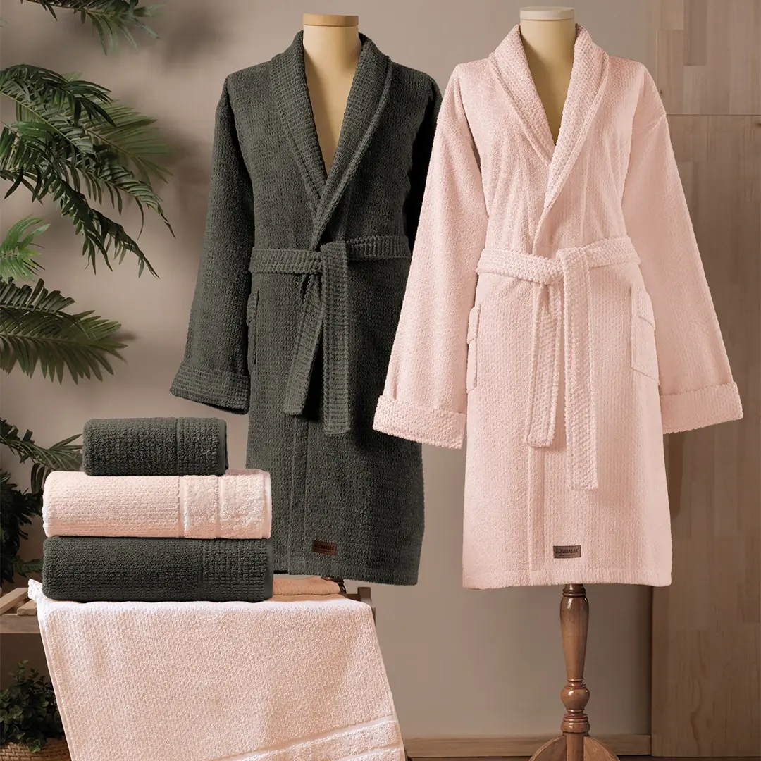 Altınbaşak Verto %100 Pamuk Aile Bornoz Seti Şeftali/Antrasit (6 Parça) Peach/Shadows