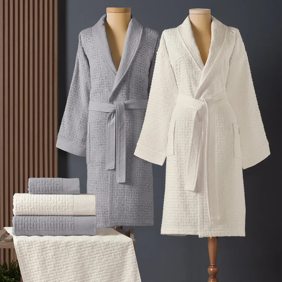 Altınbaşak Lisse Bambu Aile Bornoz Seti (6 Parça) Coin-Ivory/Gri-Krem