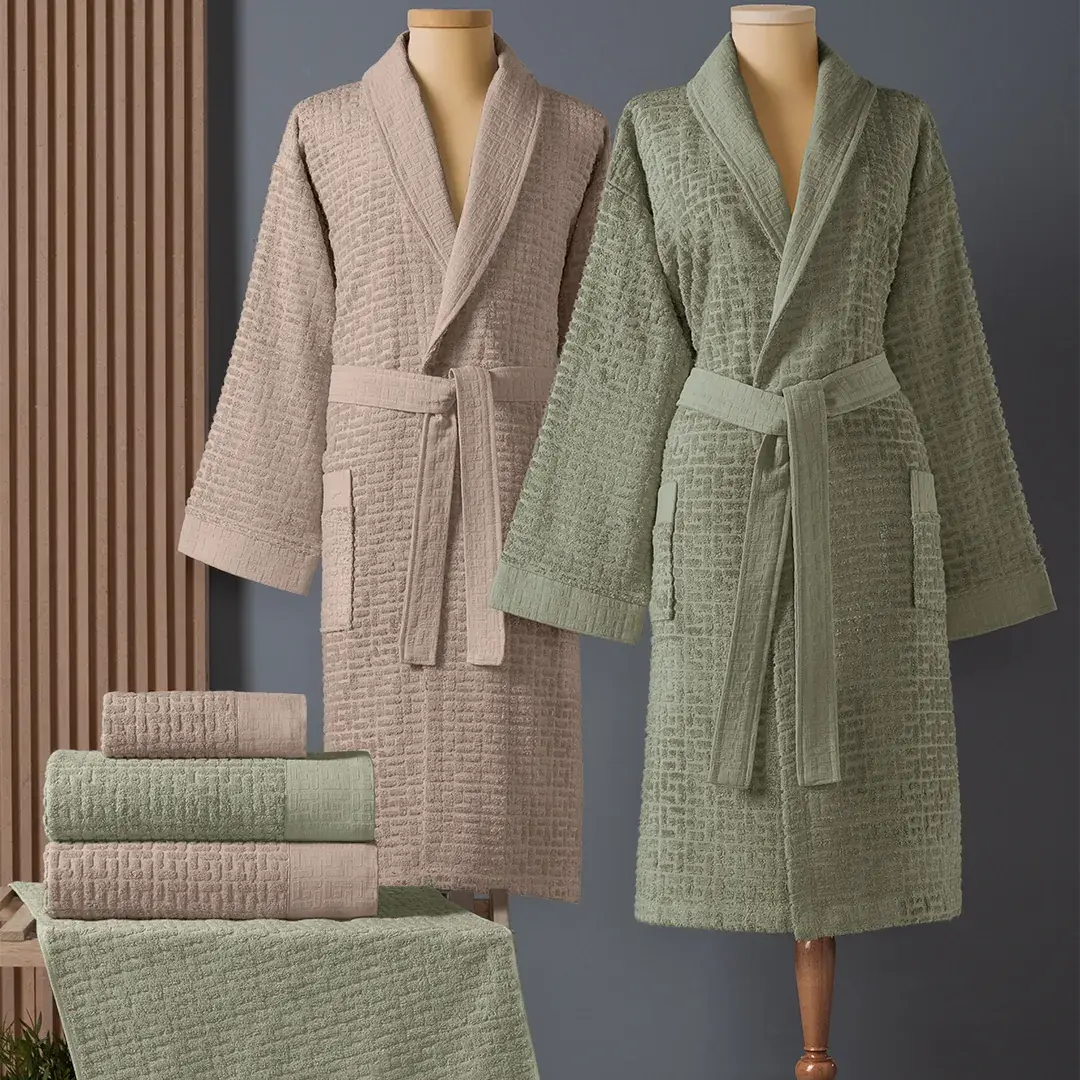 Altınbaşak Lisse Bambu Aile Bornoz Seti (6 Parça) Bej-Yeşil