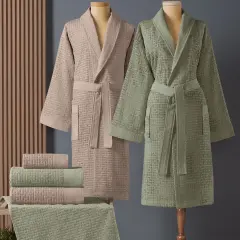 Altınbaşak Lisse Bambu Aile Bornoz Seti (6 Parça) Bej-Yeşil