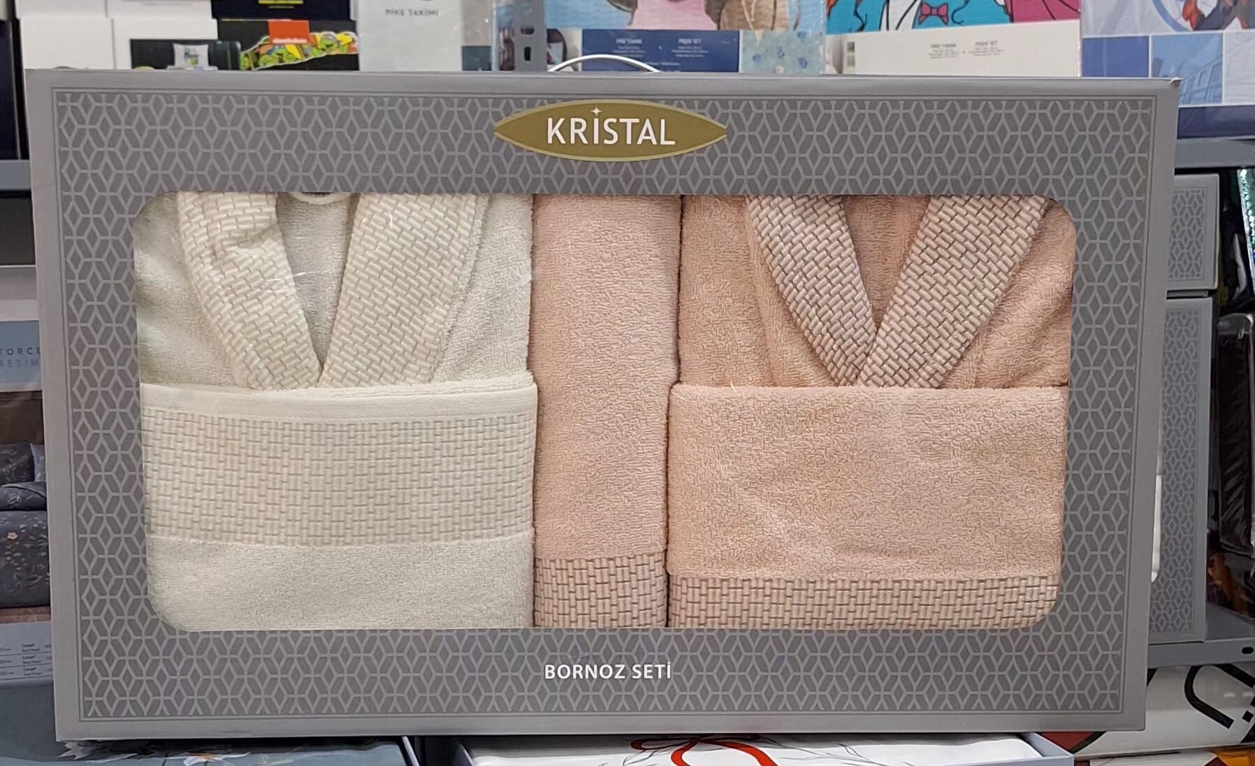 Kristal Dream Jakarlı Aile Seti / Bornoz Seti Krem-Somon