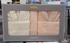 Kristal Dream Jakarlı Aile Seti / Bornoz Seti Krem-Somon
