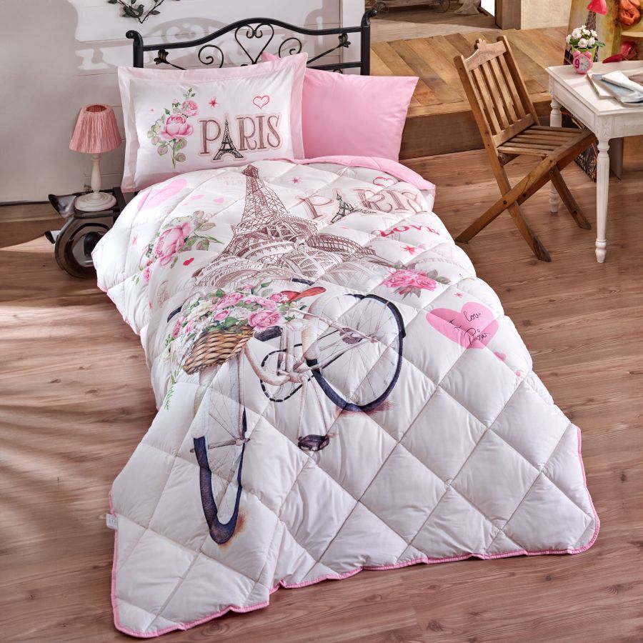 Clasy Ranforce Yorgan Seti / Uyku Seti Tek Kişilik Paris Love V1 Pembe