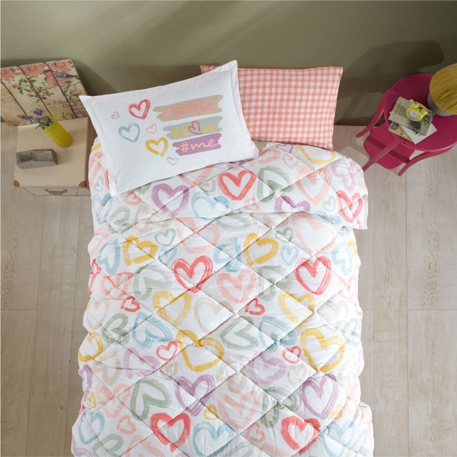 Clasy Ranforce Yorgan Seti / Uyku Seti Tek Kişilik Selfie V1 Pudra