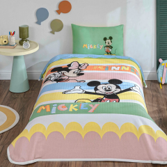 Taç Lisanslı Tek Kişilik Pike Takımı Mickey Minnie Mouse Happy