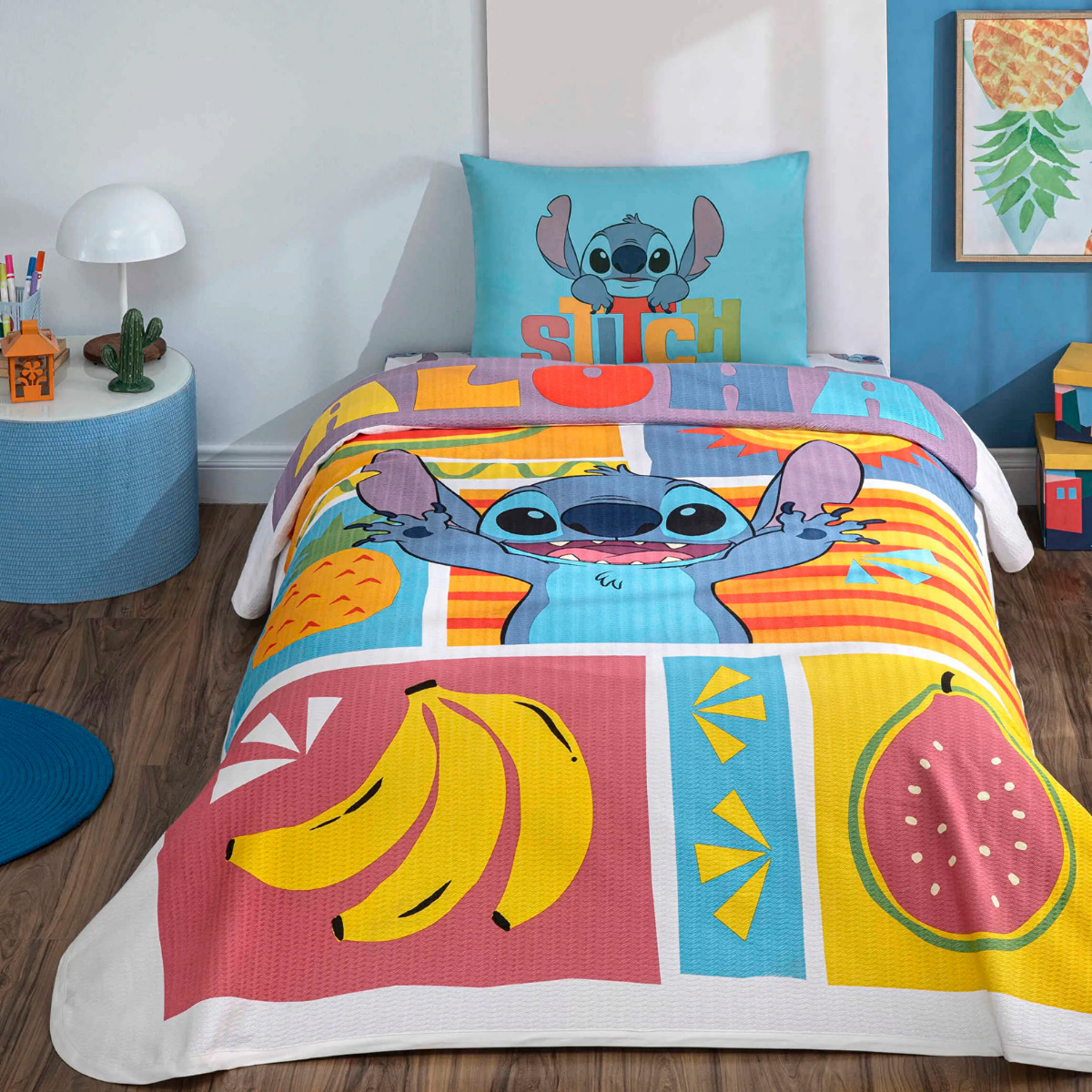 Taç Lisanslı Tek Kişilik Pike Takımı Lilo Stitch Fruit